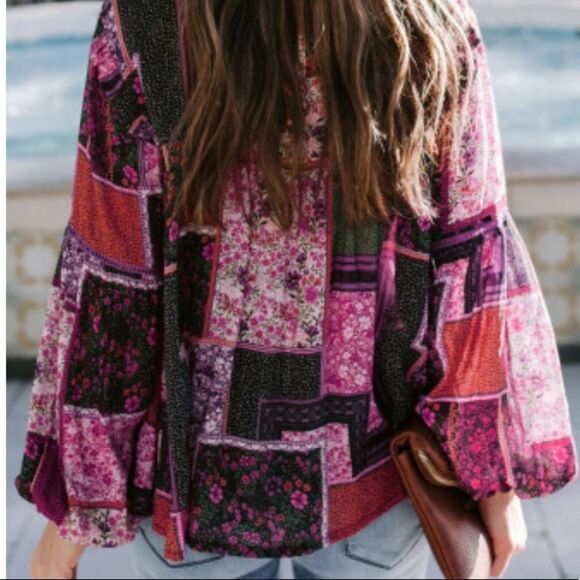 Boho Floral Print Patchwork Blouse rose colored size small med large - Picture 5 of 5
